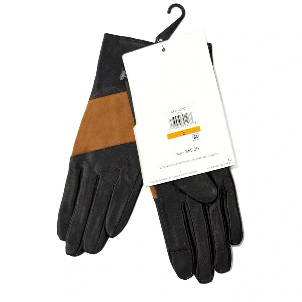 Calvin Klein Tan Black Leather Touchscreen Gloves NWT